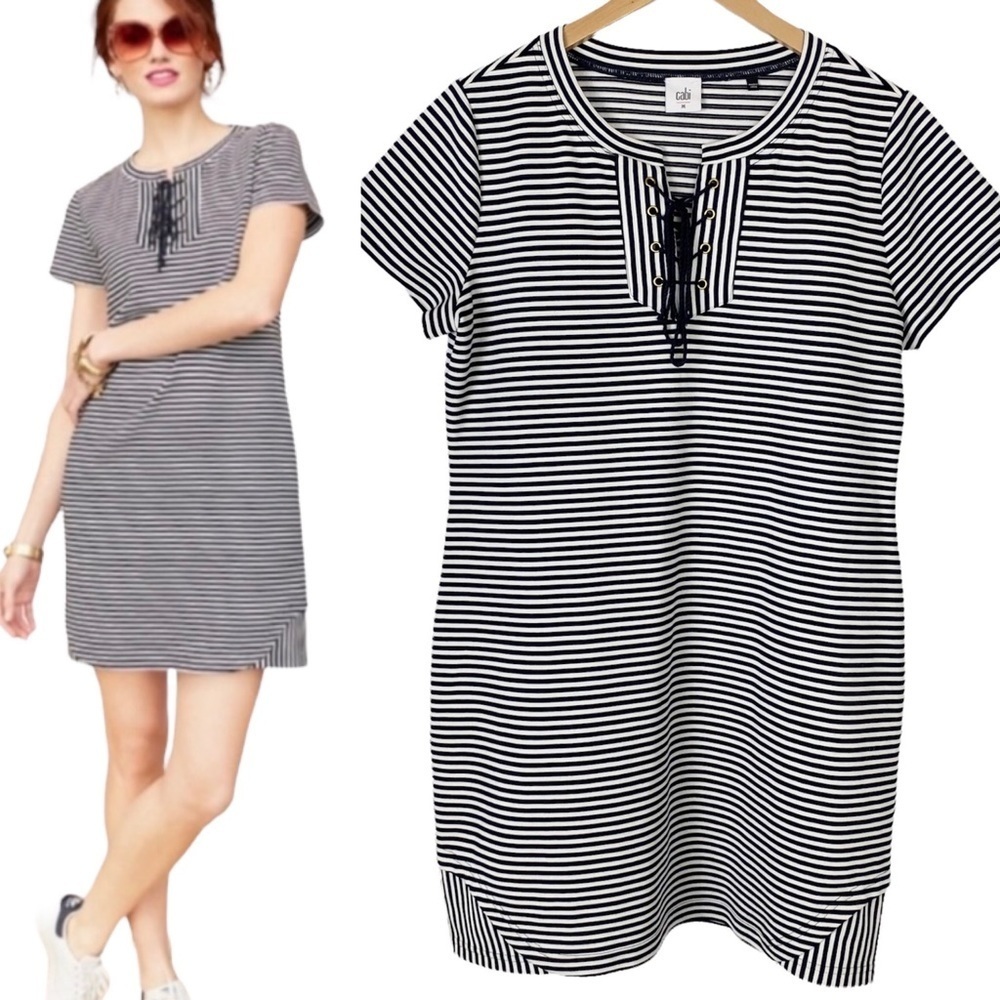 CABI Captain Nautical Shift Dress Medium Contrast Stripes White Blue Casual